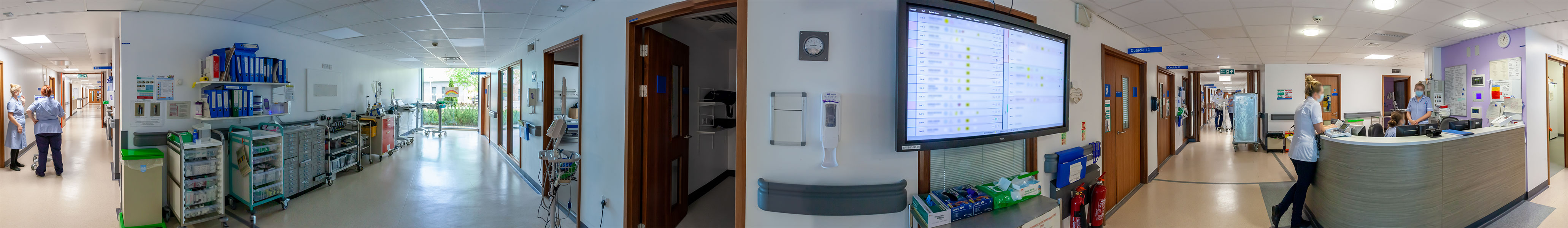A panoramic image of the corridors of a ward in the Freeman Hospital.