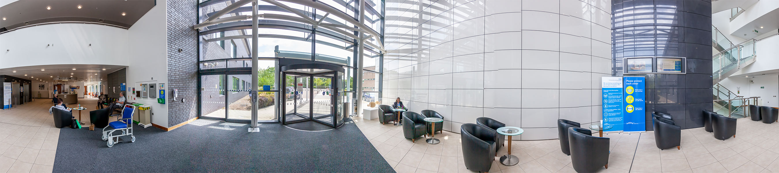 A panoramic image of the inside of the main entrance in the Freeman Hospital.
